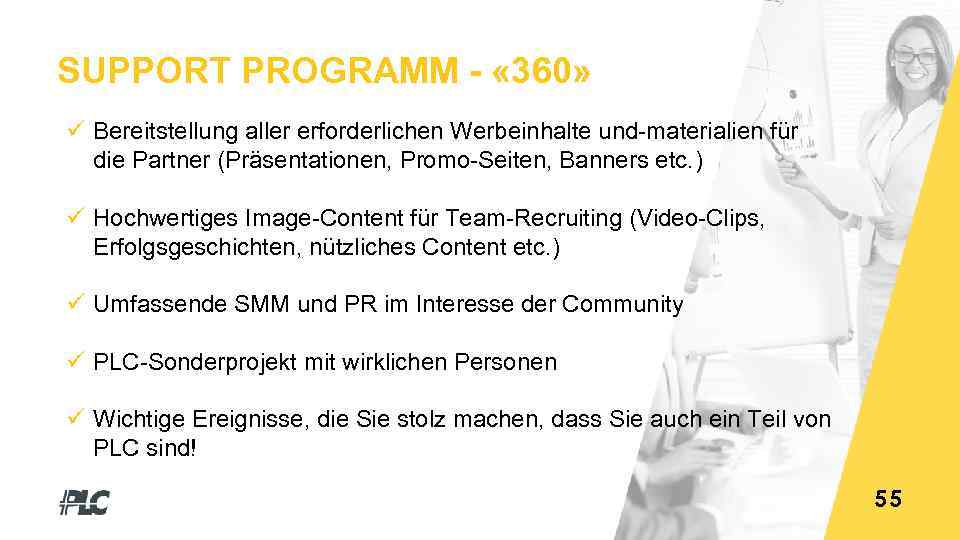 SUPPORT PROGRAMM - « 360» ü Bereitstellung aller erforderlichen Werbeinhalte und-materialien für die Partner