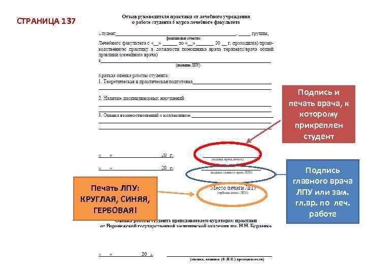 СТРАНИЦА 137 Подпись и печать врача, к которому прикреплен студент Печать ЛПУ: КРУГЛАЯ, СИНЯЯ,