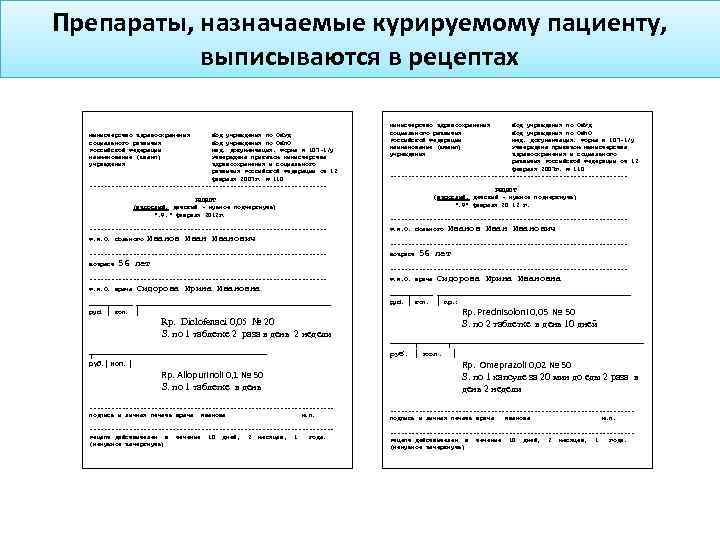 Препараты, назначаемые курируемому пациенту, выписываются в рецептах Министерство здравоохранения социального развития Российской Федерации Наименование