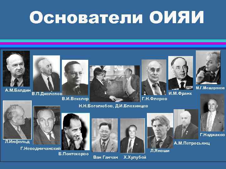 Основатели ОИЯИ А. М. Балдин М. Г. Мещеряков И. М. Франк В. П. Джелепов
