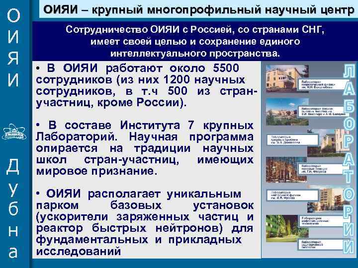 О И Я И Д у б н а ОИЯИ – крупный многопрофильный научный