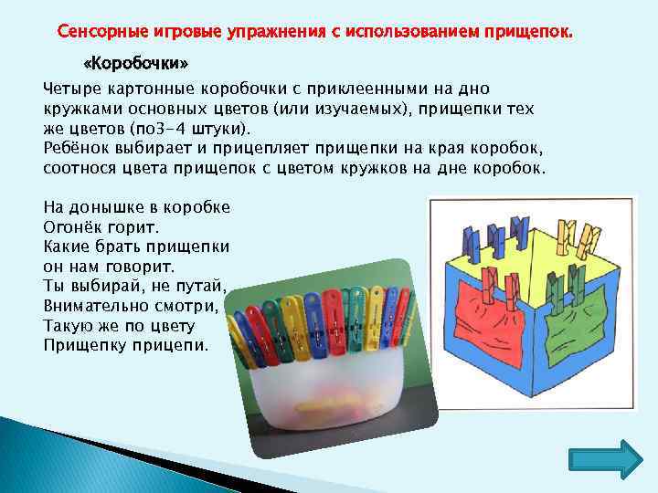  Сенсорные игровые упражнения с использованием прищепок. «Коробочки» Четыре картонные коробочки с приклеенными на