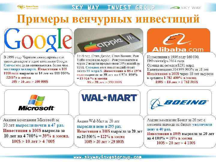 SKY WAY INVEST GROUP Примеры венчурных инвестиций www. skywayinvestgroup. com 