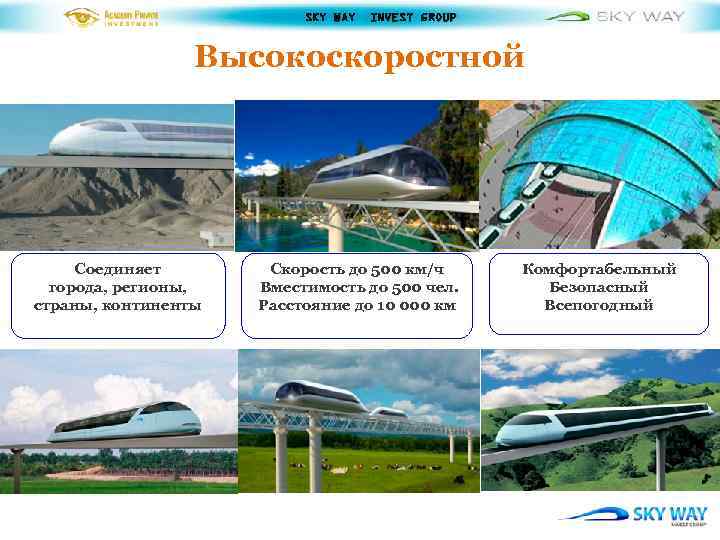 SKY WAY INVEST GROUP Высокоскоростной Соединяет города, регионы, страны, континенты Скорость до 500 км/ч