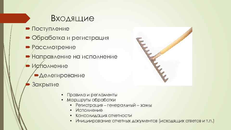 Входящие Поступление Обработка и регистрация Рассмотрение Направление на исполнение Исполнение Делегирование Закрытие • Правила