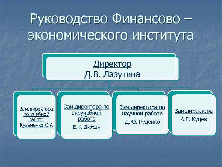 Руководство Финансово – экономического института Директор Д. В. Лазутина Зам. директора по учебной работе