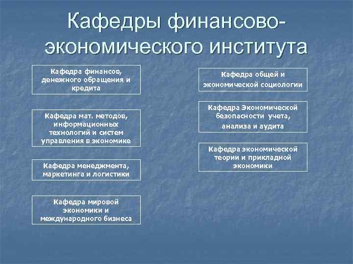 Кафедры финансовоэкономического института Кафедра финансов, денежного обращения и кредита Кафедра мат. методов, информационных технологий