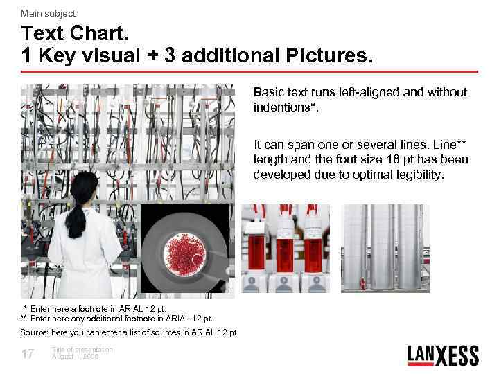 Main subject Text Chart. 1 Key visual + 3 additional Pictures. Basic text runs