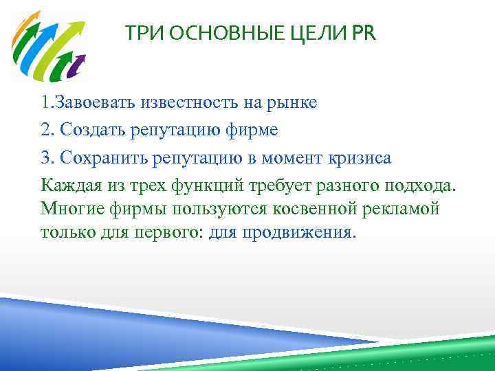 ТРИ ОСНОВНЫЕ ЦЕЛИ PR 1. Завоевать известность на рынке 2. Создать репутацию фирме 3.