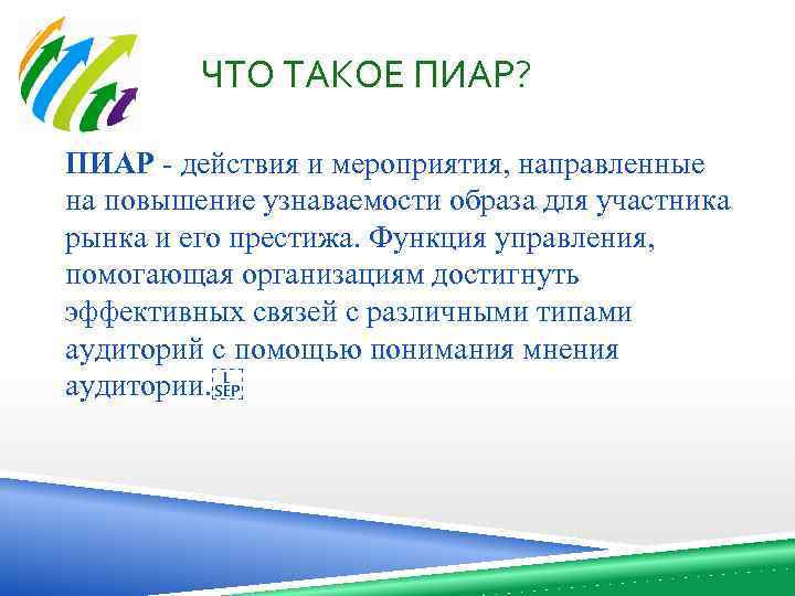 ЧТО ТАКОЕ ПИАР? ПИАР - действия и мероприятия, направленные на повышение узнаваемости образа для