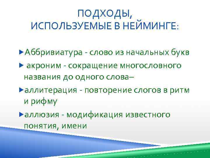 ПОДХОДЫ, ИСПОЛЬЗУЕМЫЕ В НЕЙМИНГЕ: Аббривиатура - слово из начальных букв акроним - сокращение многословного