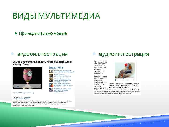 ВИДЫ МУЛЬТИМЕДИА Принципиально новые видеоиллюстрация аудиоиллюстрация 