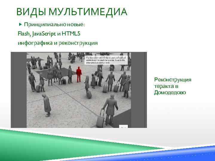 ВИДЫ МУЛЬТИМЕДИА Принципиально новые: Flash, Java. Script и HTML 5 инфографика и реконструкция Реконструкция
