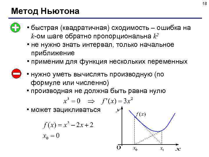 18 Метод Ньютона • быстрая (квадратичная) сходимость – ошибка на k-ом шаге обратно пропорциональна