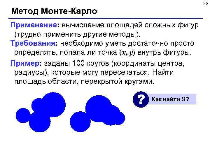 25 Метод Монте-Карло Применение: вычисление площадей сложных фигур (трудно применить другие методы). Требования: необходимо