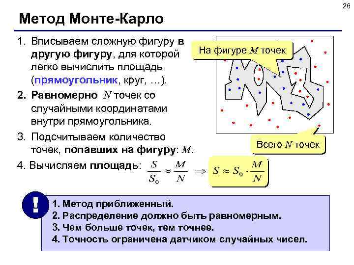 26 Метод Монте-Карло 1. Вписываем сложную фигуру в На фигуре M точек другую фигуру,