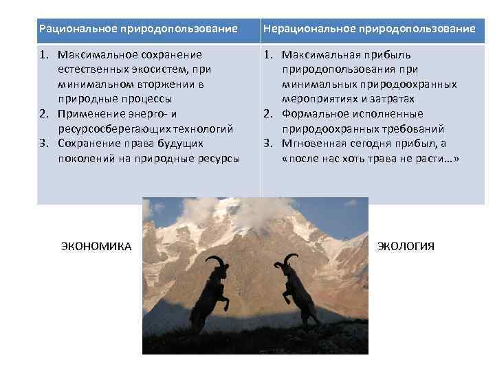 Рациональное природопользование Нерациональное природопользование 1. Максимальное сохранение естественных экосистем, при минимальном вторжении в природные