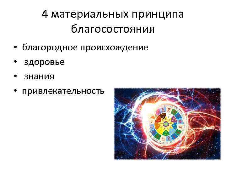 4 материальных принципа благосостояния • • благородное происхождение здоровье знания привлекательность 