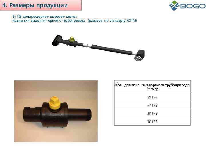 4. Размеры продукции 6) ПЭ электросварные шаровые краны: краны для вскрытия горячего трубопровода (размеры