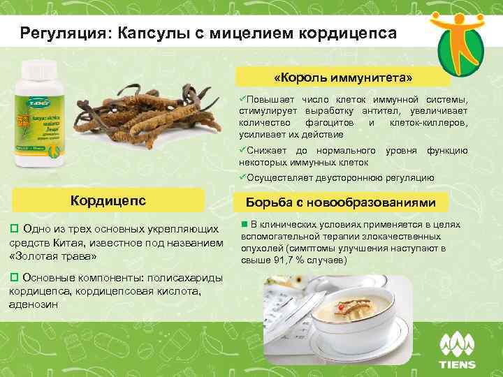 Регуляция: Капсулы с мицелием кордицепса «Король иммунитета» üПовышает число клеток иммунной системы, стимулирует выработку