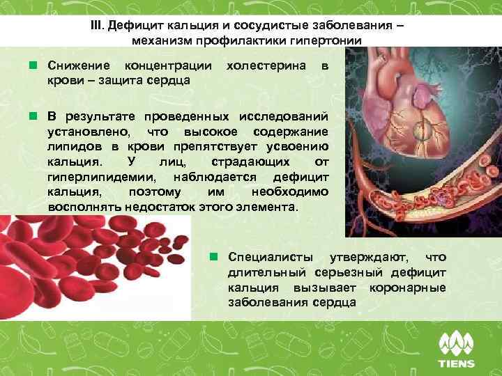 III. Дефицит кальция и сосудистые заболевания – механизм профилактики гипертонии n Снижение концентрации крови