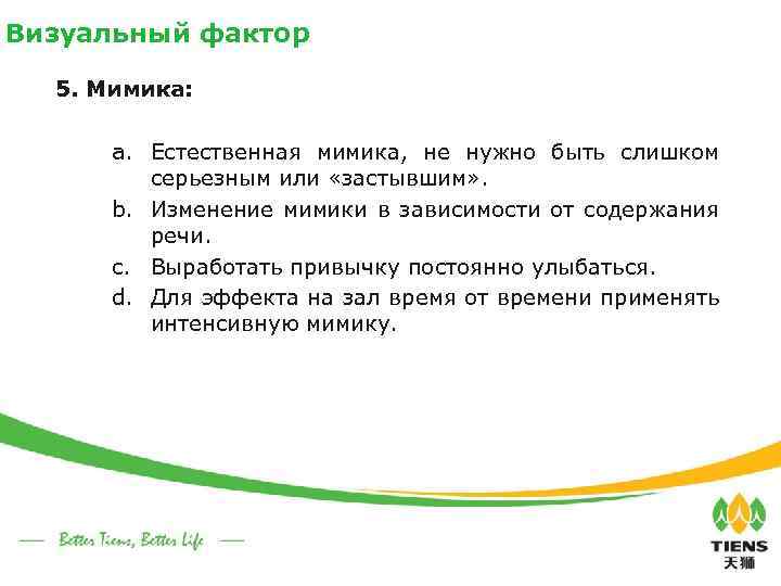 Визуальный фактор 5. Мимика: a. Естественная мимика, не нужно быть слишком серьезным или «застывшим»