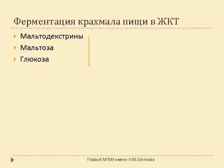 Ферментация крахмала пищи в ЖКТ Мальтодекстрины Мальтоза Глюкоза Первый МГМУ имени И. М. Сеченова