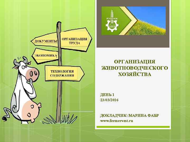 ОРГАНИЗАЦИЯ ЖИВОТНОВОДЧЕСКОГО ХОЗЯЙСТВА ДЕНЬ 1 23/03/2016 ДОКЛАДЧИК: МАРИНА ФАБР www. fermervest. ru 