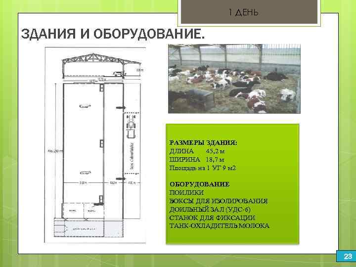 1 ДЕНЬ ЗДАНИЯ И ОБОРУДОВАНИЕ. РАЗМЕРЫ ЗДАНИЯ: ДЛИНА 45, 2 м ШИРИНА 18, 7