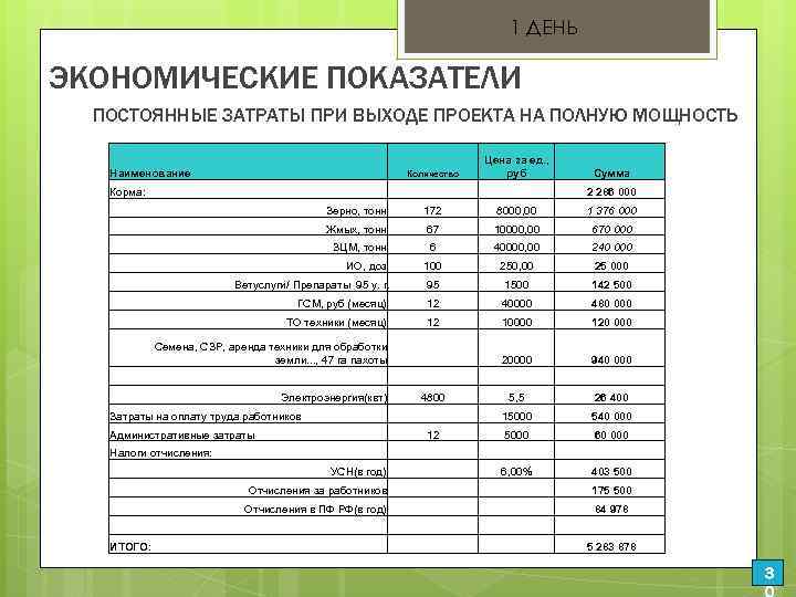1 ДЕНЬ ЭКОНОМИЧЕСКИЕ ПОКАЗАТЕЛИ ПОСТОЯННЫЕ ЗАТРАТЫ ПРИ ВЫХОДЕ ПРОЕКТА НА ПОЛНУЮ МОЩНОСТЬ Наименование .