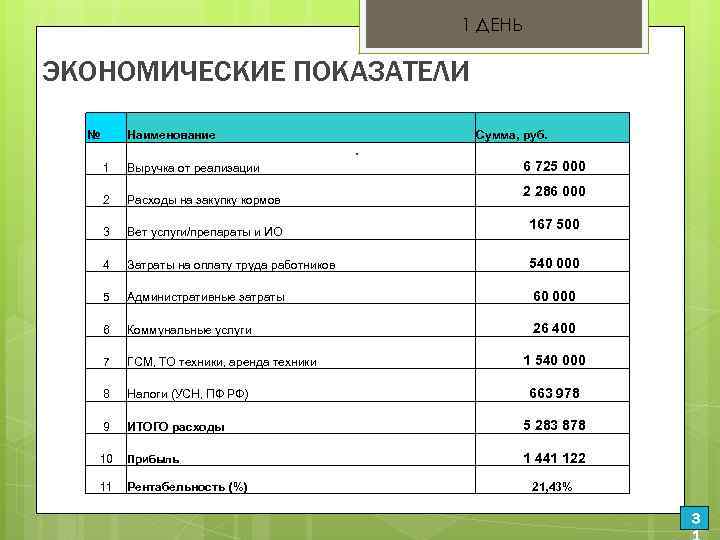 1 ДЕНЬ ЭКОНОМИЧЕСКИЕ ПОКАЗАТЕЛИ № Наименование . Сумма, руб. 6 725 000 1 Выручка
