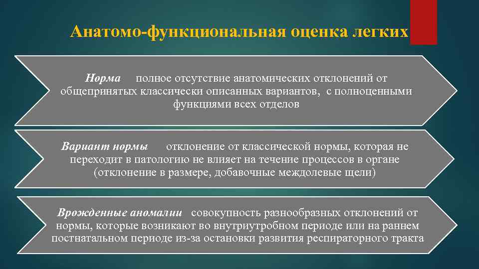 Анатомо-функциональная оценка легких Норма полное отсутствие анатомических отклонений от общепринятых классически описанных вариантов, с