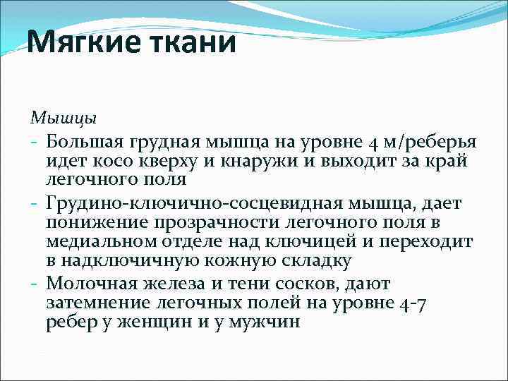 Мягкие ткани Мышцы - Большая грудная мышца на уровне 4 м/реберья идет косо кверху