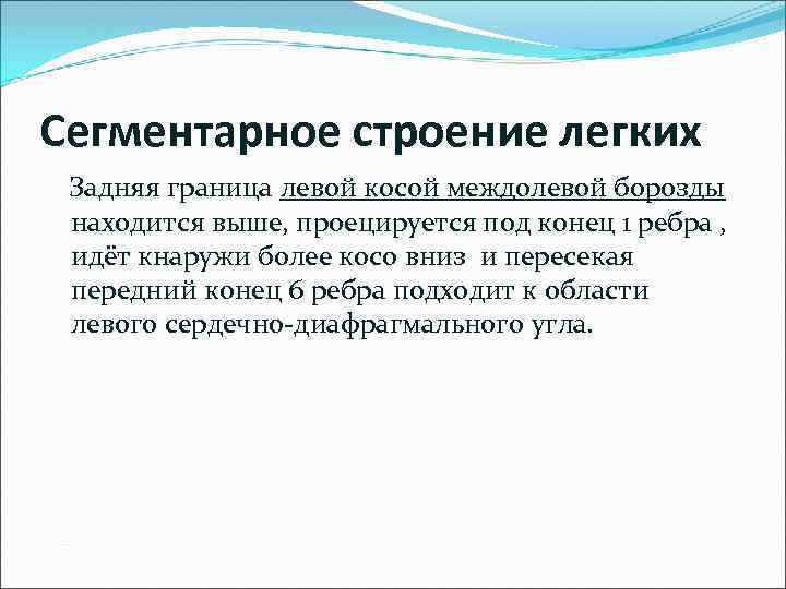 Сегментарное строение легких Задняя граница левой косой междолевой борозды находится выше, проецируется под конец