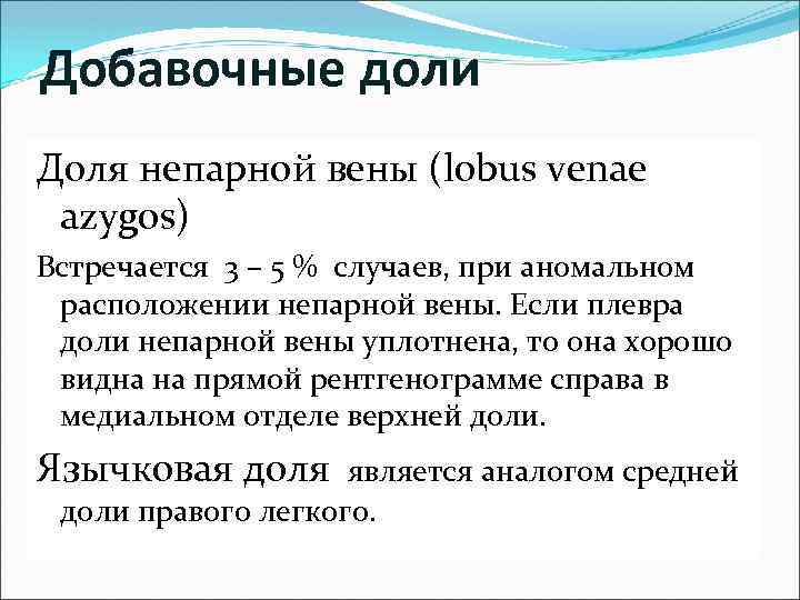 Добавочные доли Доля непарной вены (lobus venae azygos) Встречается 3 – 5 % случаев,