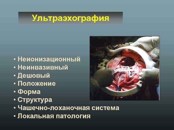 Ультраэхография • Неионизационный • Неинвазивный • Дешовый • Положение • Форма • Структура •