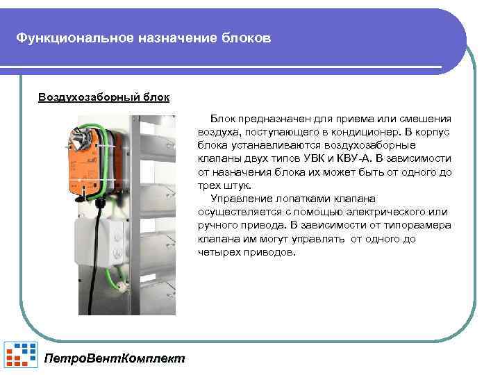 Функциональное назначение блоков Воздухозаборный блок Блок предназначен для приема или смешения воздуха, поступающего в