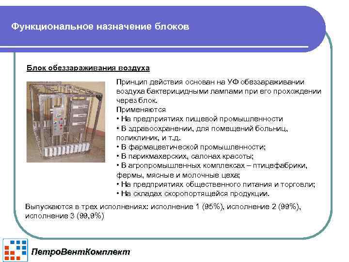 Функциональное назначение блоков Блок обеззараживания воздуха Принцип действия основан на УФ обеззараживании воздуха бактерицидными