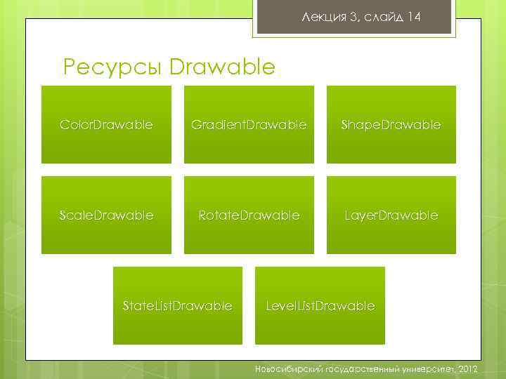 Лекция 3, слайд 14 Ресурсы Drawable Color. Drawable Gradient. Drawable Shape. Drawable Scale. Drawable