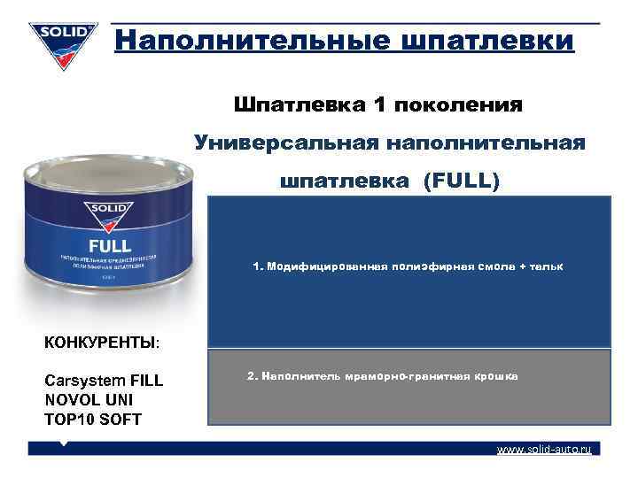 Наполнительные шпатлевки Шпатлевка 1 поколения Универсальная наполнительная шпатлевка (FULL) 1. Модифицированная полиэфирная смола +