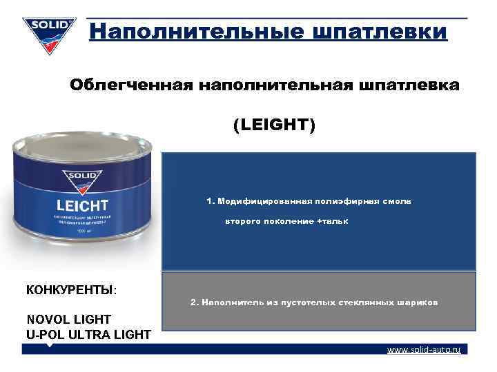 Наполнительные шпатлевки Облегченная наполнительная шпатлевка (LEIGHT) 1. Модифицированная полиэфирная смола второго поколение +тальк КОНКУРЕНТЫ: