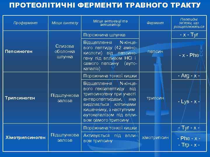 ПРОТЕОЛІТИЧНІ ФЕРМЕНТИ ТРАВНОГО ТРАКТУ Профермент Місце синтезу Місце активації та активатор Фермент - х