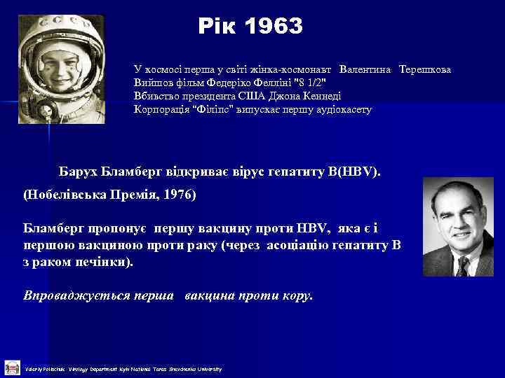  Рік 1963 У космосі перша у світі жінка-космонавт Валентина Терешкова Вийшов фільм Федеріко