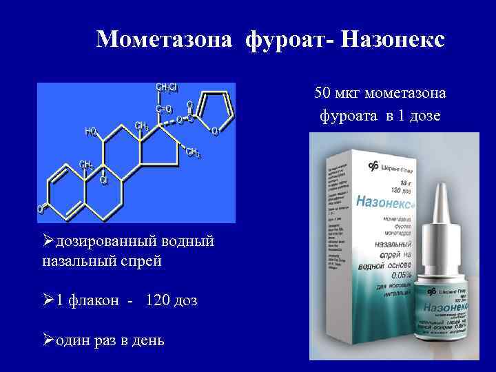 Мометазона фуроат- Назонекс 50 мкг мометазона фуроата в 1 дозе Øдозированный водный назальный спрей