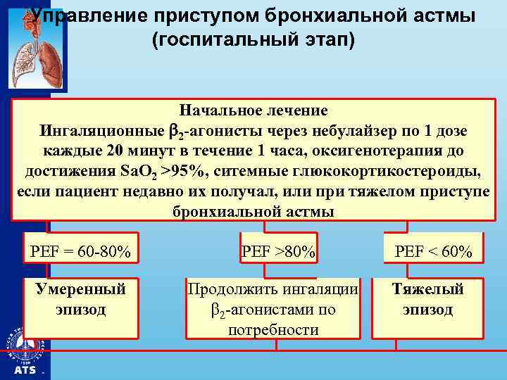  Управление приступом бронхиальной астмы (госпитальный этап) Начальное лечение Ингаляционные 2 -агонисты через небулайзер