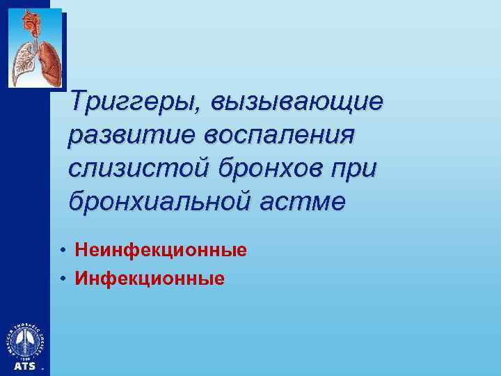 Триггеры, вызывающие развитие воспаления слизистой бронхов при бронхиальной астме • Неинфекционные • Инфекционные 