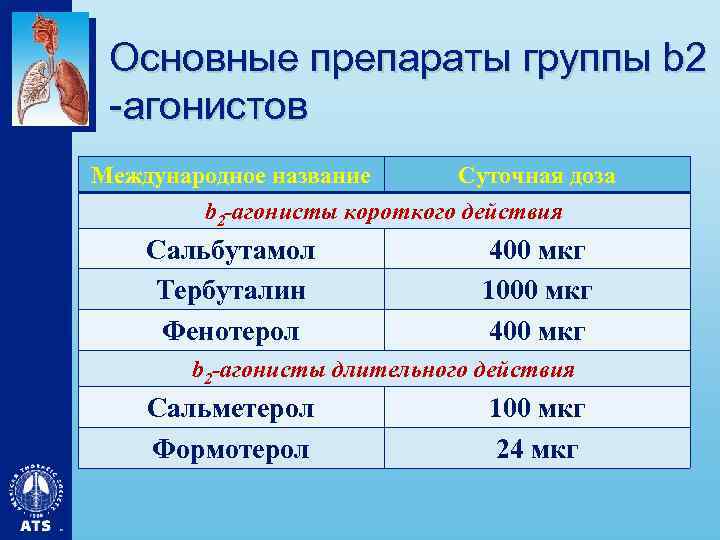 Основные препараты группы b 2 -агонистов Международное название Суточная доза b 2 -агонисты короткого