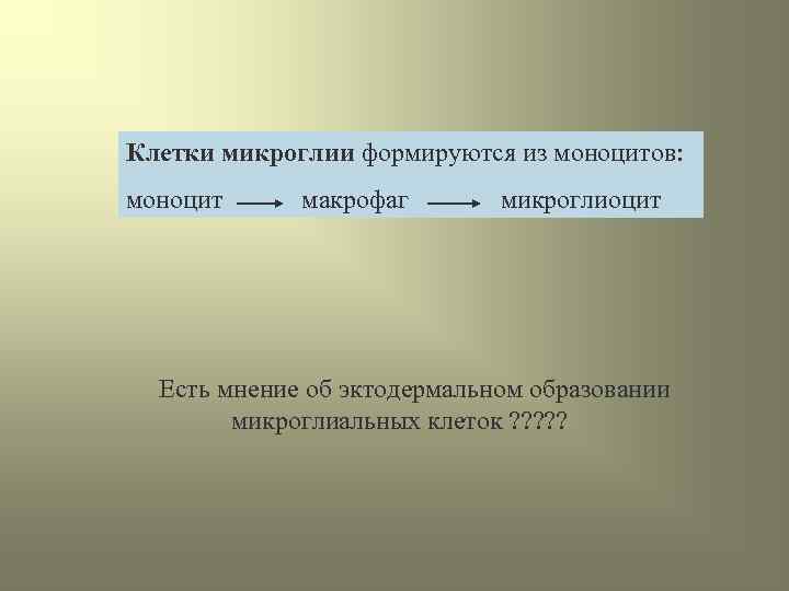 Клетки микроглии формируются из моноцитов: моноцит макрофаг микроглиоцит Есть мнение об эктодермальном образовании микроглиальных