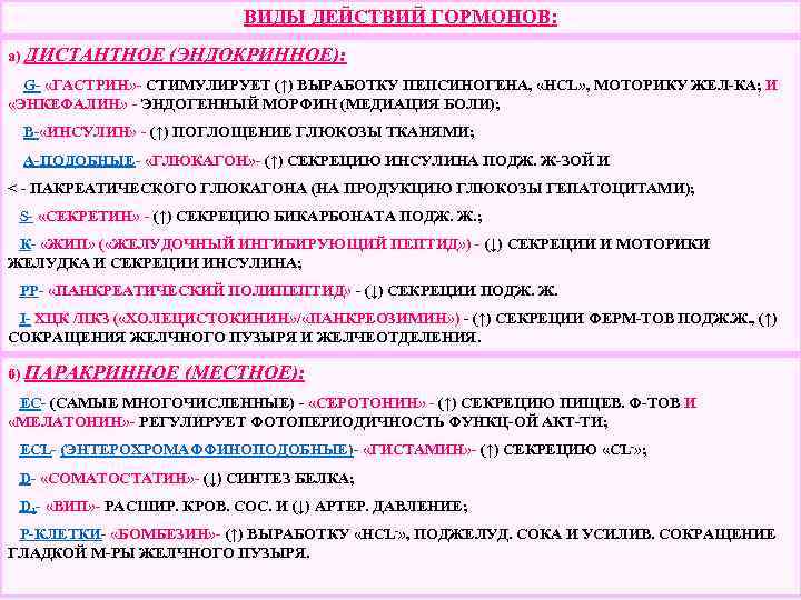 ВИДЫ ДЕЙСТВИЙ ГОРМОНОВ: а) ДИСТАНТНОЕ (ЭНДОКРИННОЕ): G- «ГАСТРИН» - СТИМУЛИРУЕТ (↑) ВЫРАБОТКУ ПЕПСИНОГЕНА, «HCL»