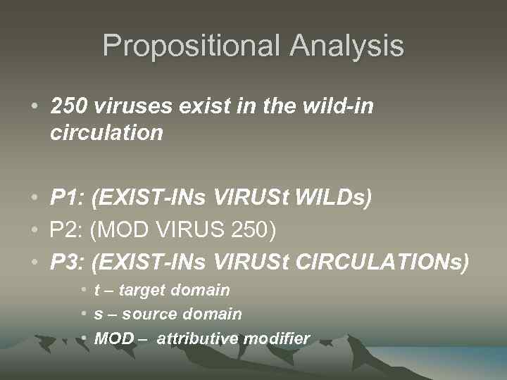 Propositional Analysis • 250 viruses exist in the wild-in circulation • P 1: (EXIST-INs